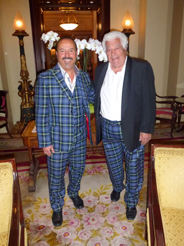 Antonio Carluccio wearing Italian National Tartan trousers with Mike Lemetti in London while getting ready for his new book launch