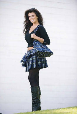 former Miss Scotland wearing a mini-kilt and handbag made from the Italian National Tartan
